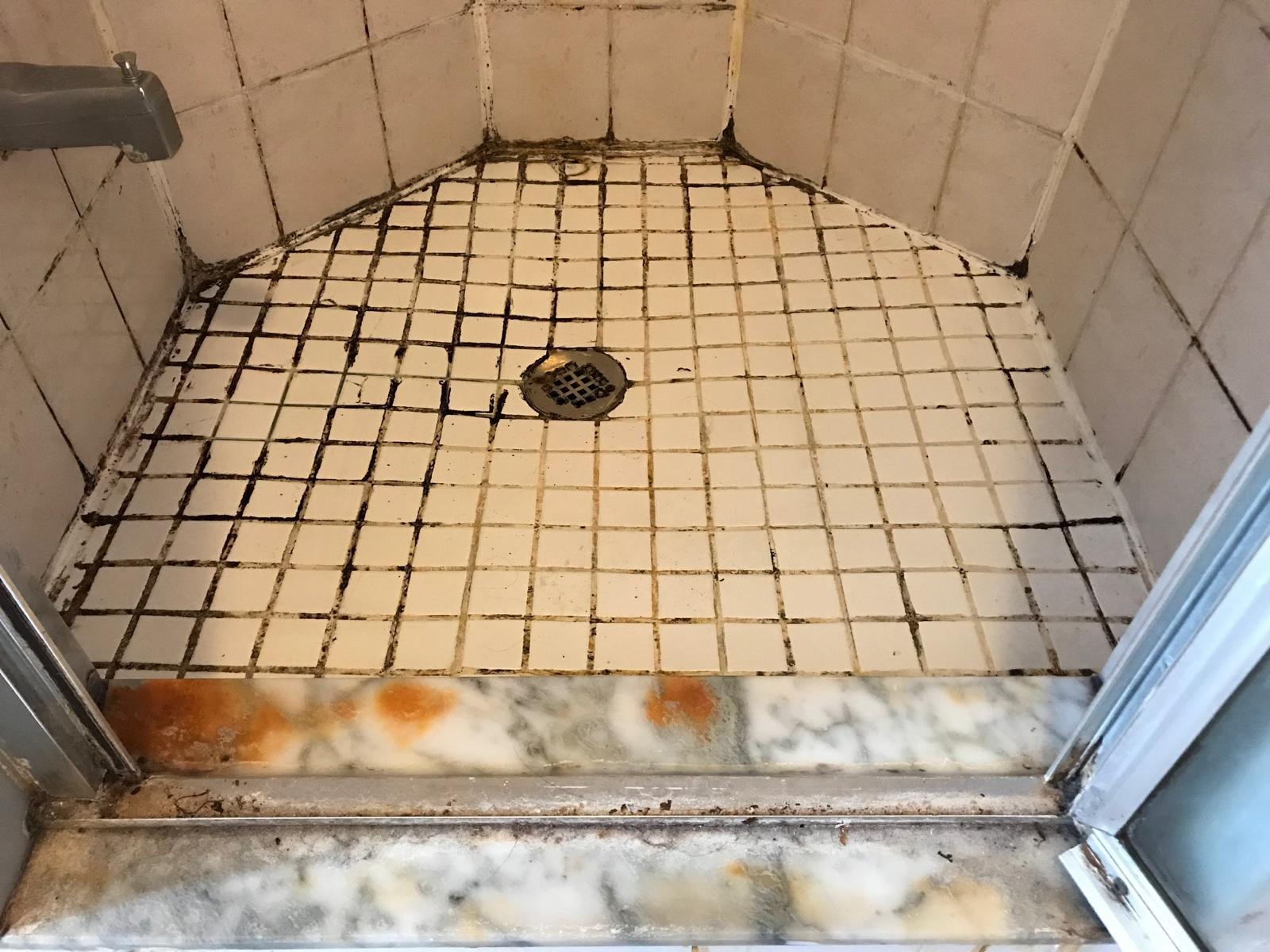 Full shower floor before restoration — black mold on grout lines — TilesRus Toronto