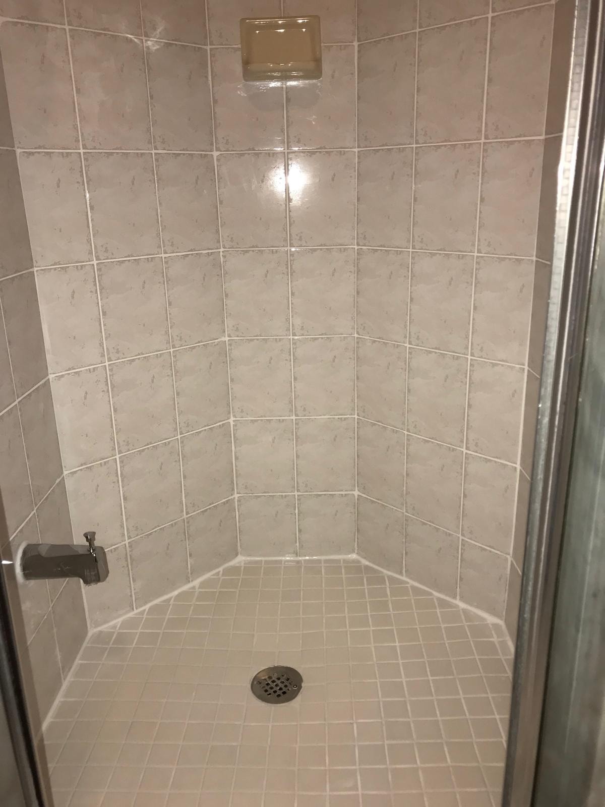 Completed shower restoration with clean grout lines and uniform finished appearance — TilesRus Toronto