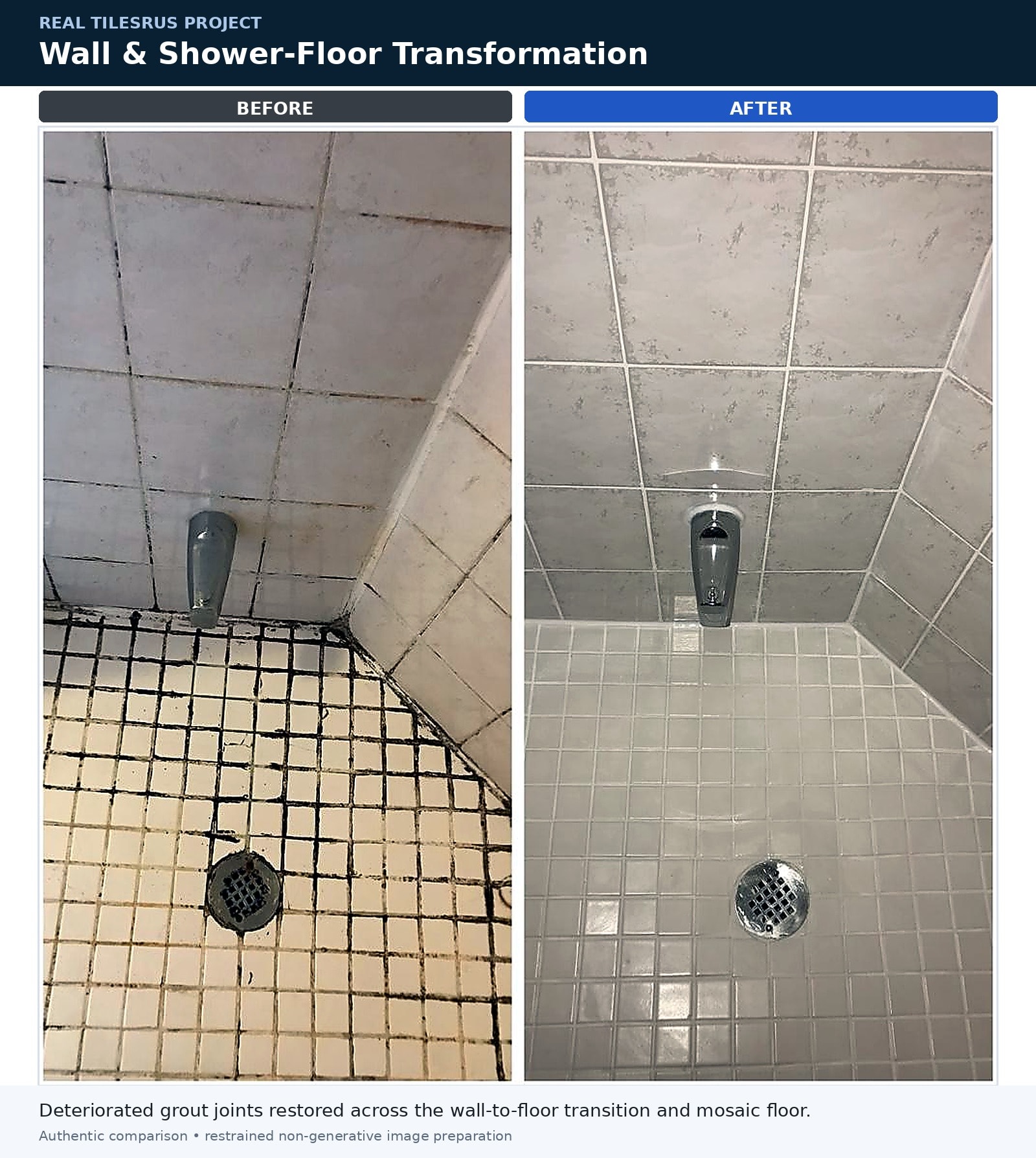 Wall and shower-floor grout restoration — before and after — TilesRus GTA