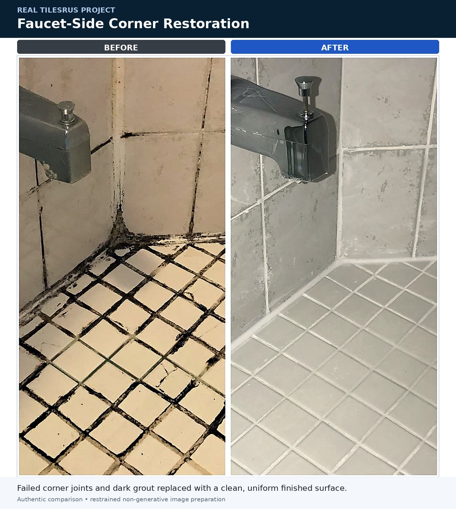 Faucet-side corner grout and silicone restoration — before and after — TilesRus