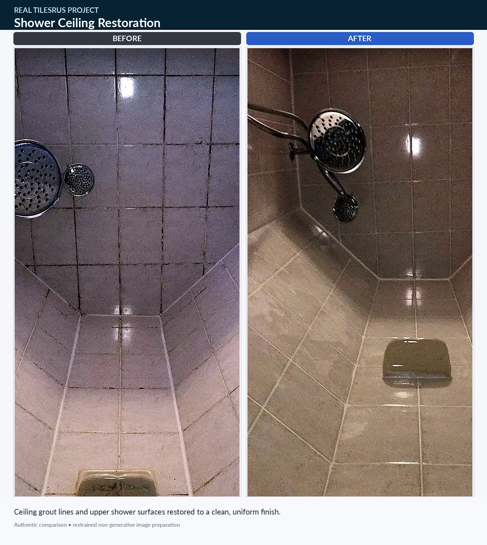 Shower ceiling grout restoration — before and after — TilesRus Toronto