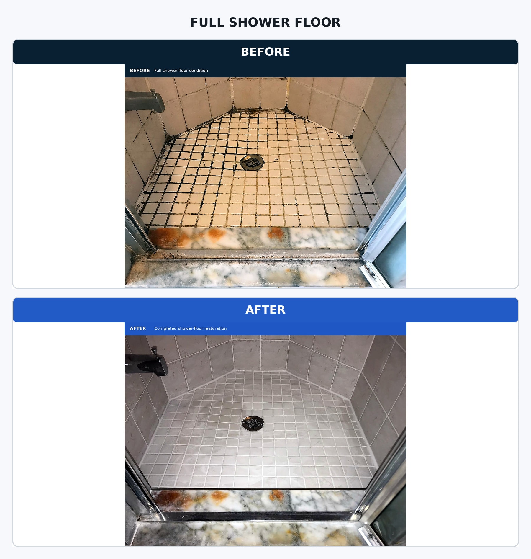 Floor-to-wall joint and silicone restoration — before and after — TilesRus