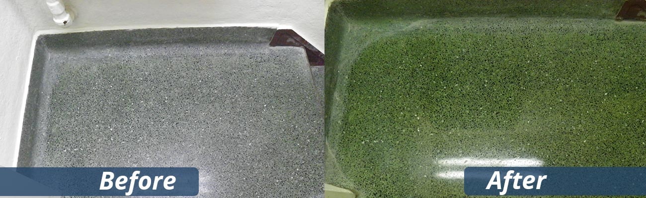 Terrazzo floor before and after professional polishing — restored shine and colour